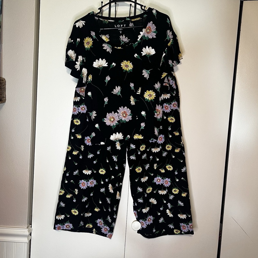 Ann Taylor LOFT Linen Blend Wide Leg Crop Pants Set Black Size M Top LP Bottoms